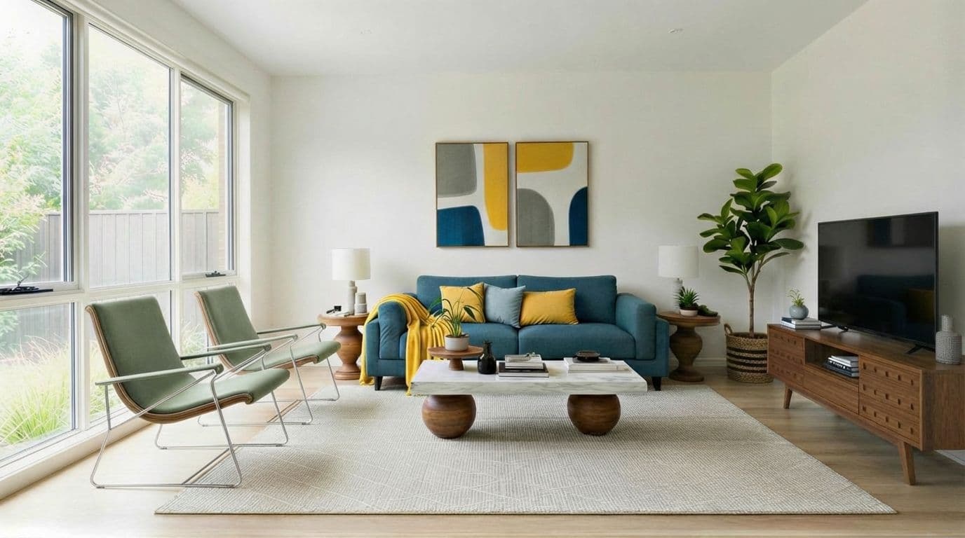 Virtually staged living room, front-facing angle with teal sofa, accent chairs, and modern coffee table.