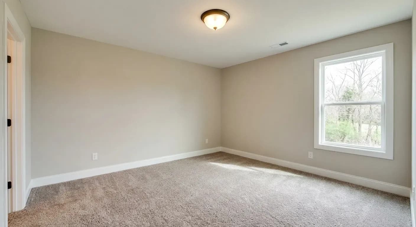 Vacant bedroom after occupied to vacant photo editing with clean carpet, neutral walls, and empty floor space.