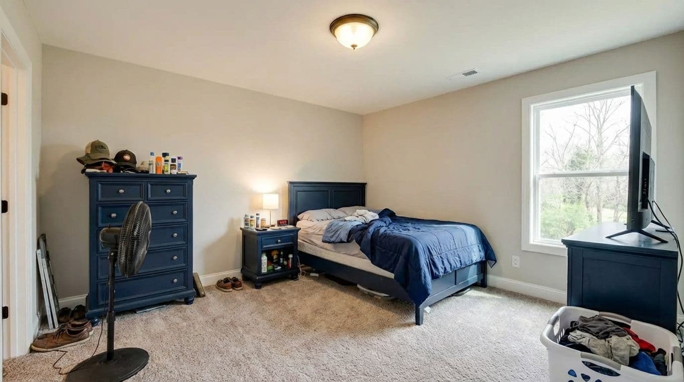 Occupied bedroom before virtual furniture removal with bed, dresser, TV stand, and personal items visible.
