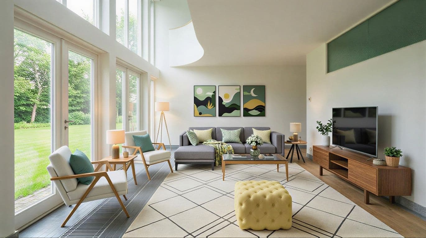 Virtually staged living room with sofa, accent chairs, coffee table, wall art, and TV in bright modern layout.