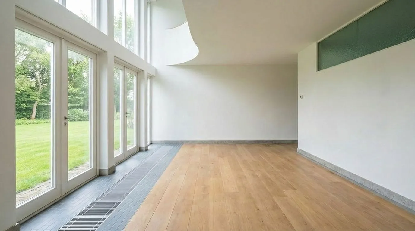 Empty living room with hardwood floors and floor-to-ceiling windows before virtual staging for real estate listing.