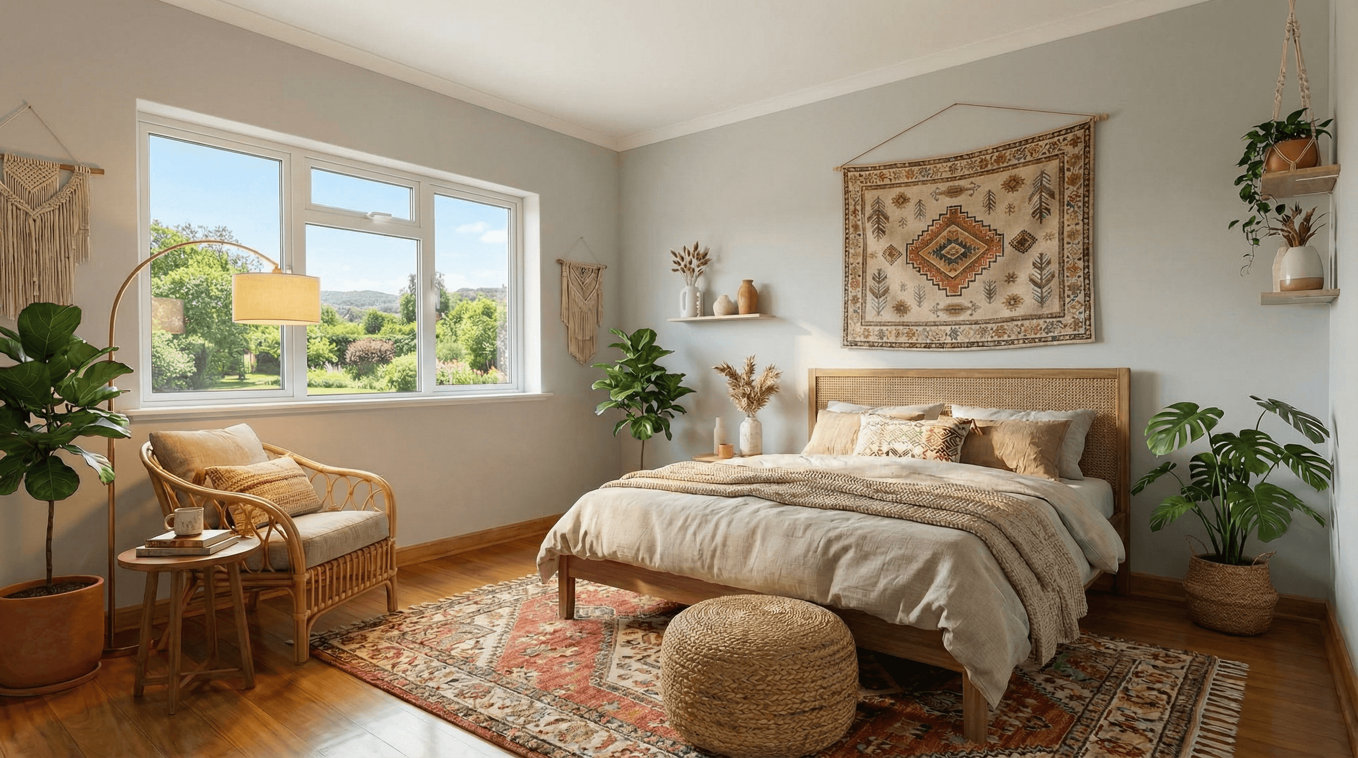 Bedroom after window pull photo editing with clear outdoor landscape view and balanced interior lighting.