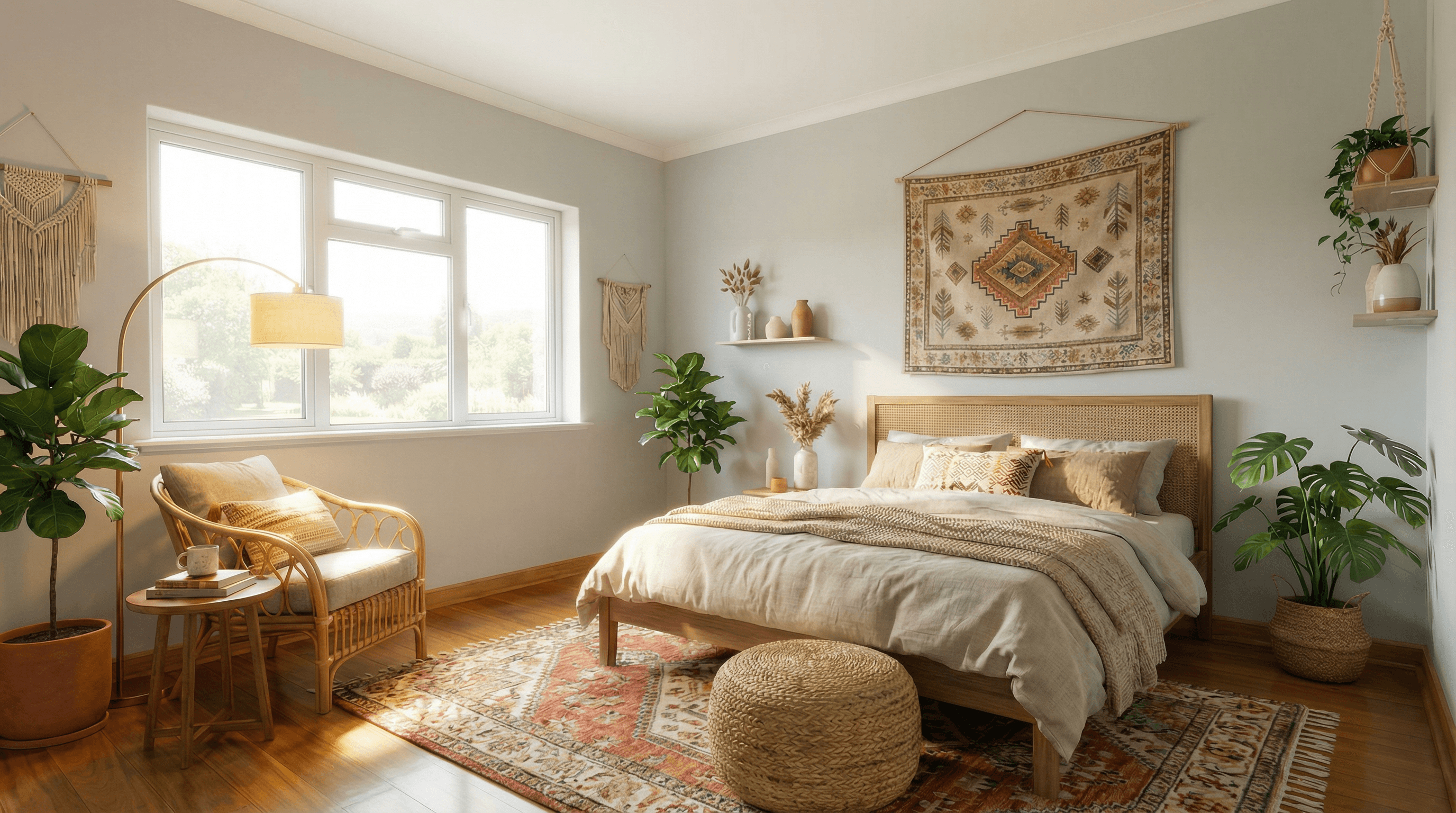 Bedroom with overexposed windows before window pull editing, showing blown-out exterior view and bright glare.