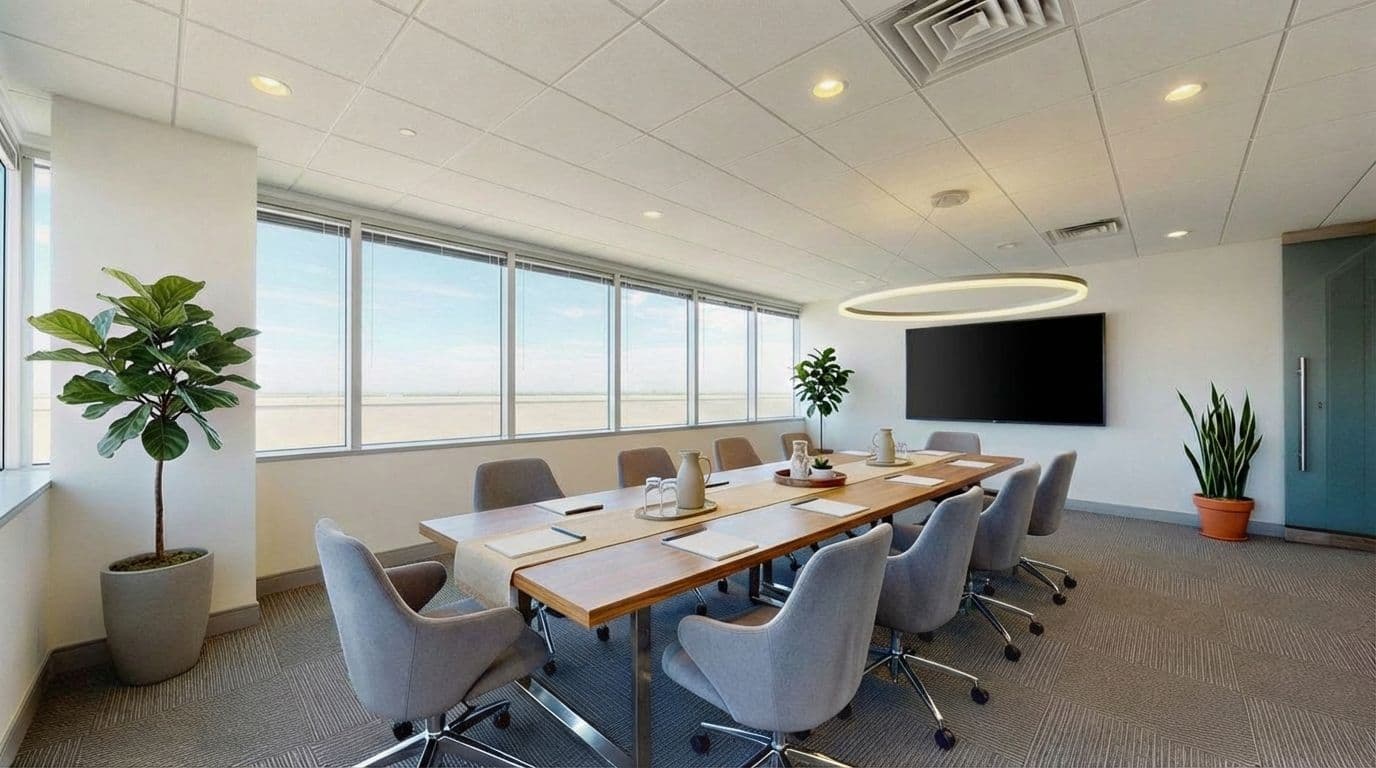 Commercial virtual staging before-and-after of empty office transformed into modern conference room with table, chairs, plants, and presentation screen.