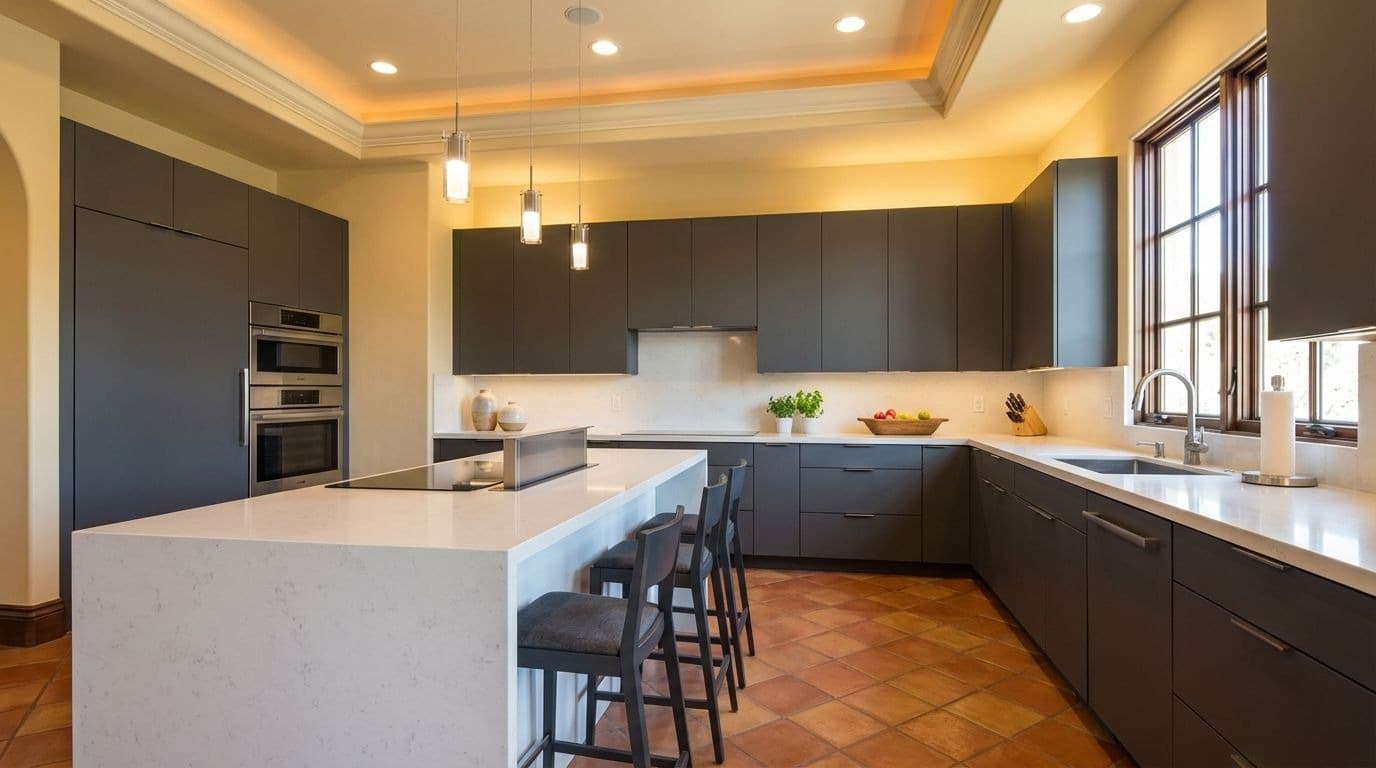 Virtual renovation before-and-after of dated kitchen transformed into modern design with flat-panel cabinets, quartz island, pendant lights, and updated finishes.