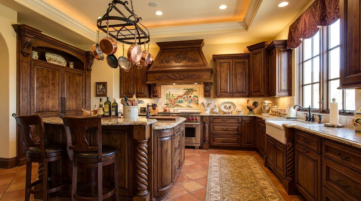 Virtual renovation before-and-after of dated kitchen transformed into modern design with flat-panel cabinets, quartz island, pendant lights, and updated finishes.