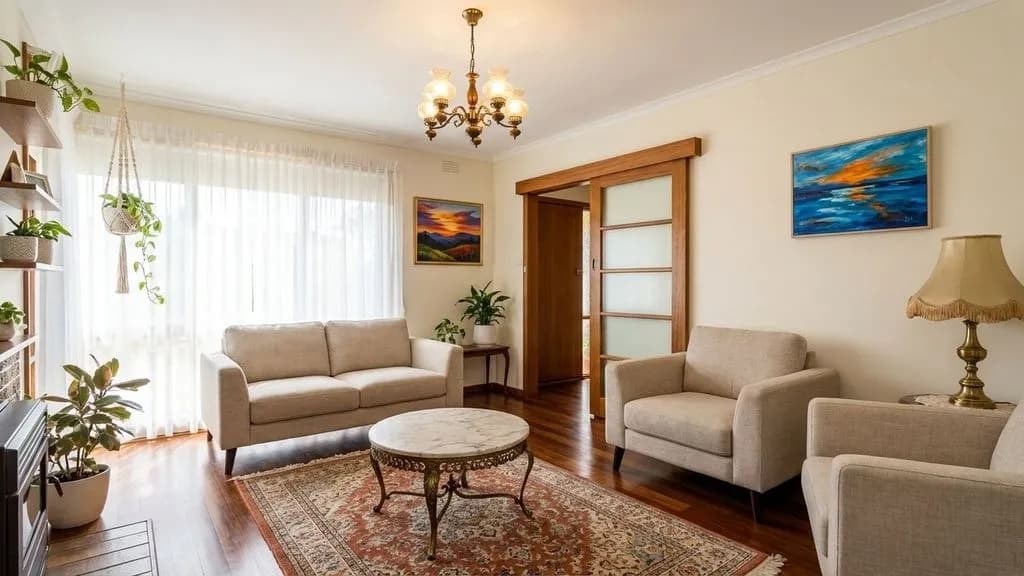 Before-and-after living room enhanced with improved brightness, balanced colors, and sharper details for a polished listing photo.