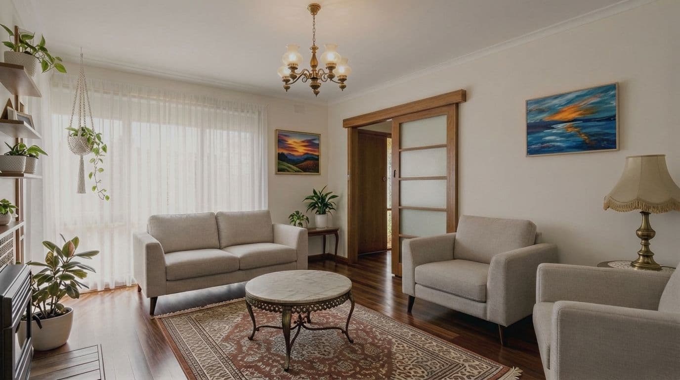 Before-and-after living room enhanced with improved brightness, balanced colors, and sharper details for a polished listing photo.