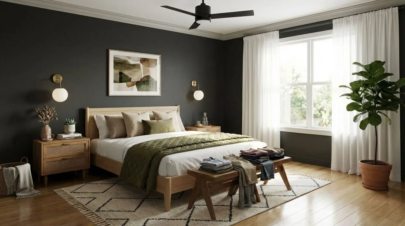 Before-and-after bedroom with objects digitally removed to create a clean, clutter-free, market-ready space.