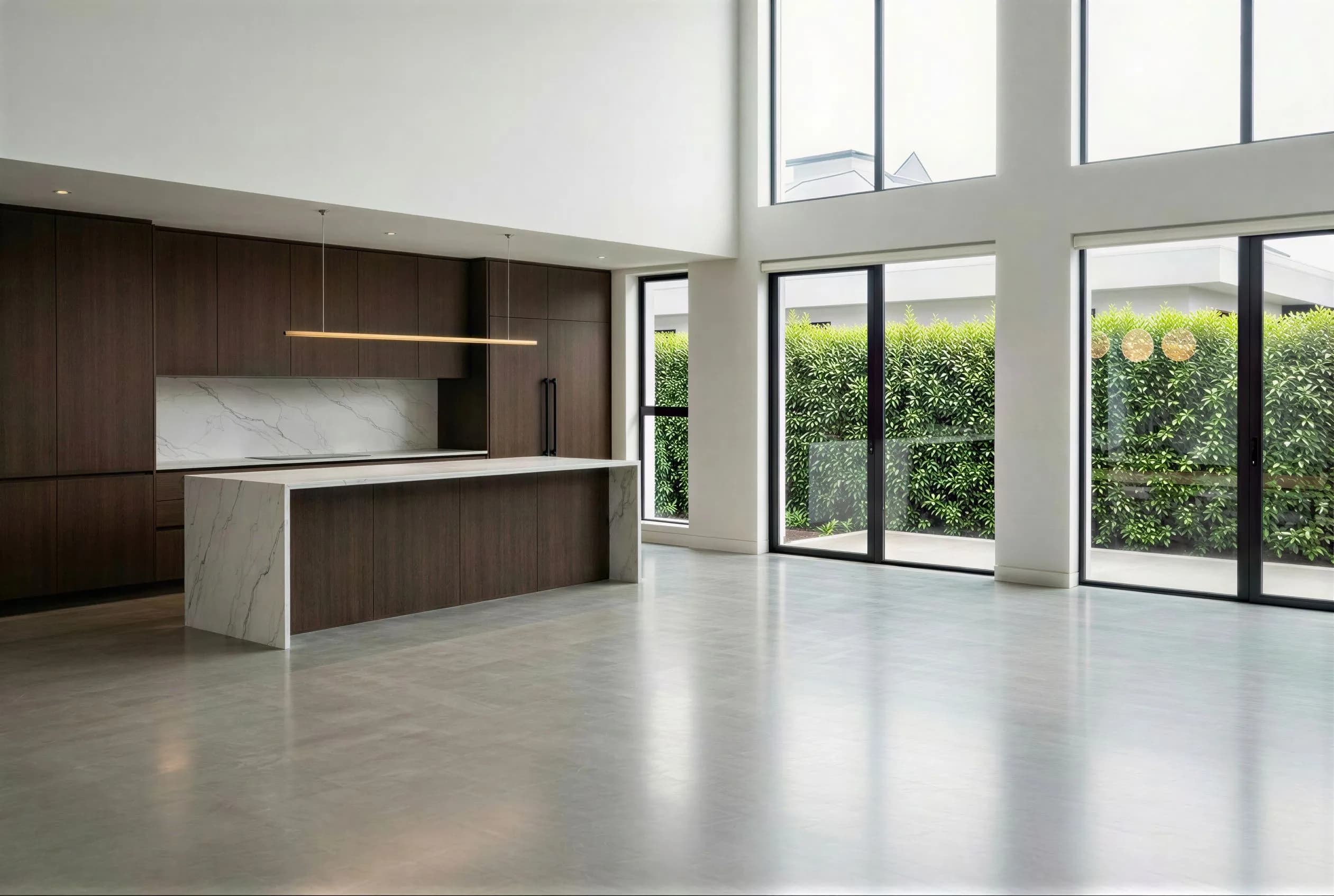 Before and after virtual staging of an open-concept living, dining, and kitchen area with balcony view in a modern real estate listing.