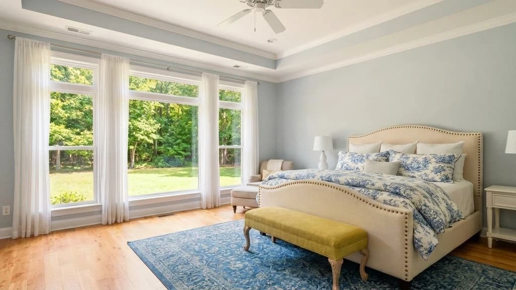 Before-and-after comparison of a bedroom enhanced with Styldod's AI color correction tool for balanced tones and natural lighting.