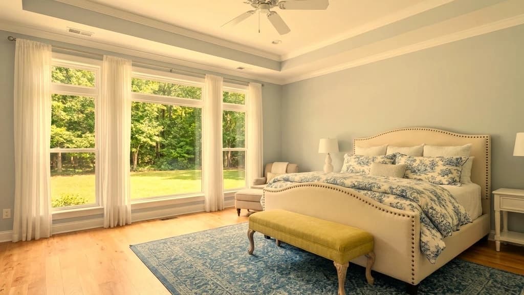 Before-and-after comparison of a bedroom enhanced with Styldod's AI color correction tool for balanced tones and natural lighting.