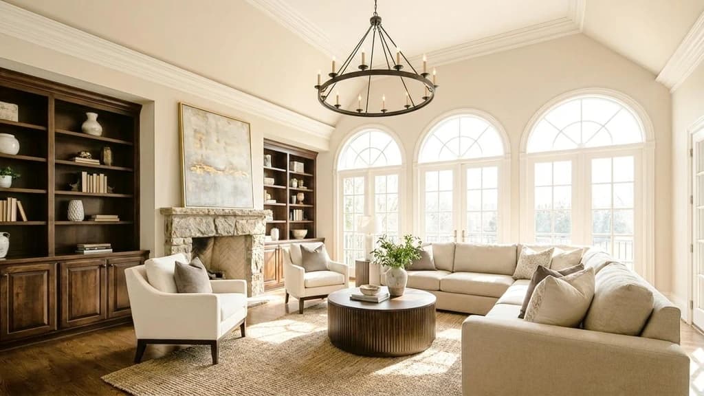 After - Before-and-after comparison of a living room enhanced with Styldod's AI Image Enhancement tool, showing brighter lighting and sharper details.