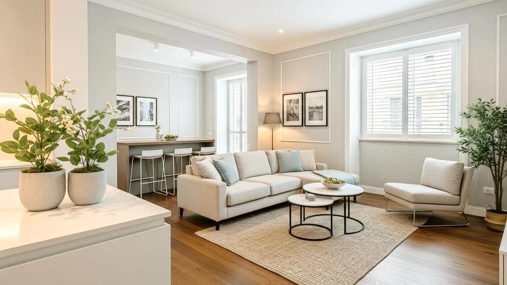 After - Before-and-after comparison of an apartment living room and kitchen enhanced with Styldod's AI Image Enhancement tool for brighter, sharper results.