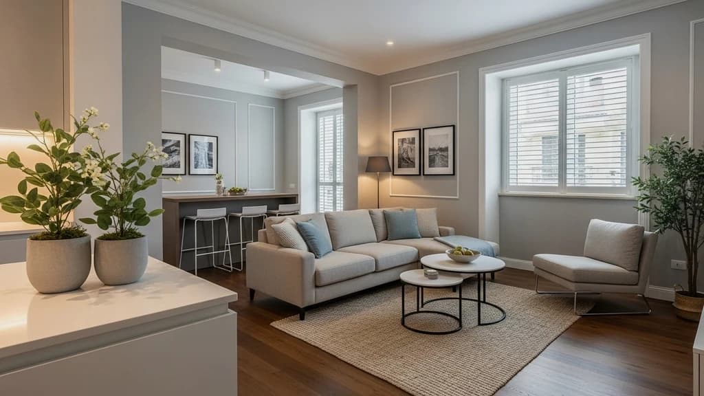 Before - Before-and-after comparison of an apartment living room and kitchen enhanced with Styldod's AI Image Enhancement tool for brighter, sharper results.