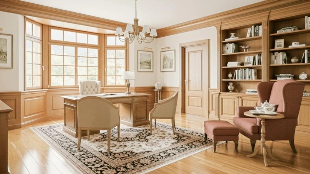 After - Before-and-after comparison of a traditional home office enhanced with Styldod's AI Image Enhancement tool for brighter, sharper results.