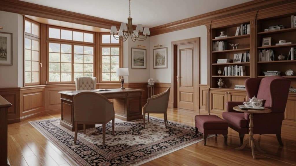 Before - Before-and-after comparison of a traditional home office enhanced with Styldod's AI Image Enhancement tool for brighter, sharper results.