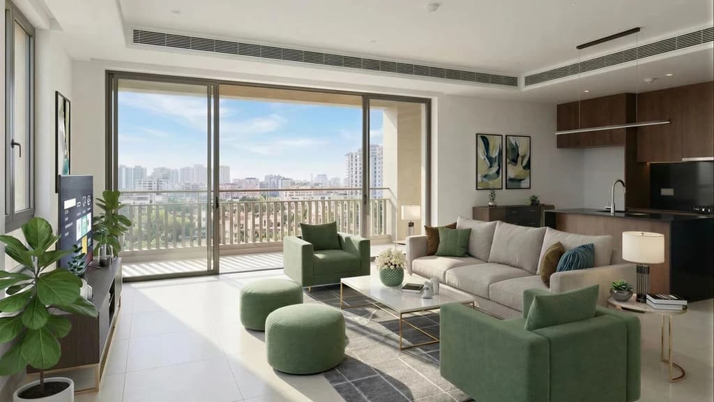 After - Before and after virtual staging of an empty living room furnished in a contemporary style to showcase layout, comfort, and buyer-ready appeal.