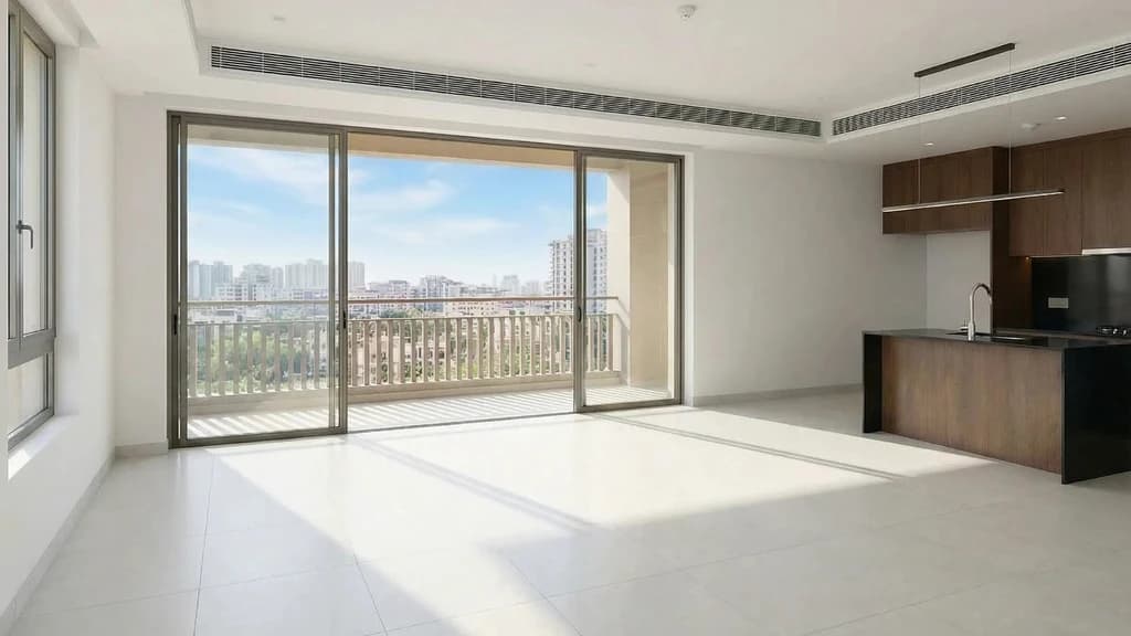 Before - Before and after virtual staging of an empty living room furnished in a contemporary style to showcase layout, comfort, and buyer-ready appeal.