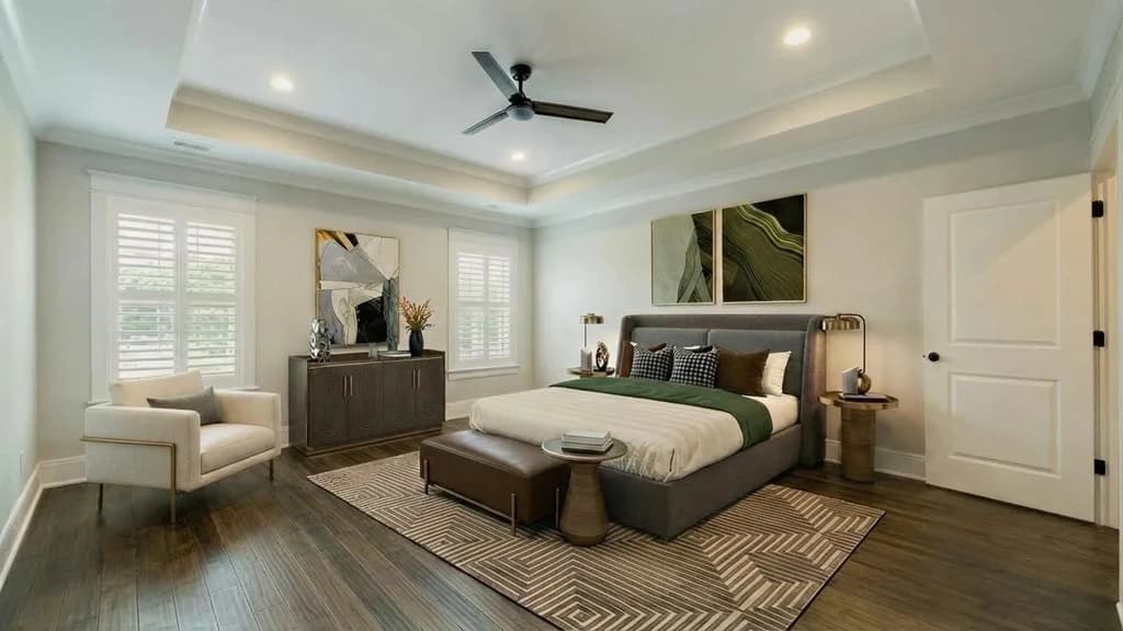 After - Before and after virtual staging of a bedroom, furnished to show layout, scale, and functional use for a real estate listing.