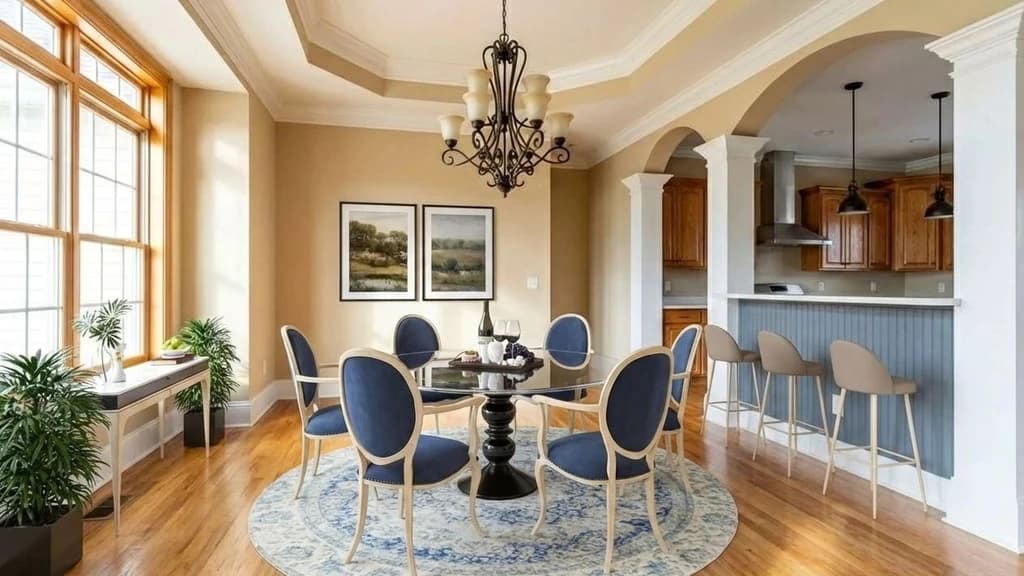 After - Before and after virtual staging of an empty dining room staged with table, chairs, and décor for a real estate listing.