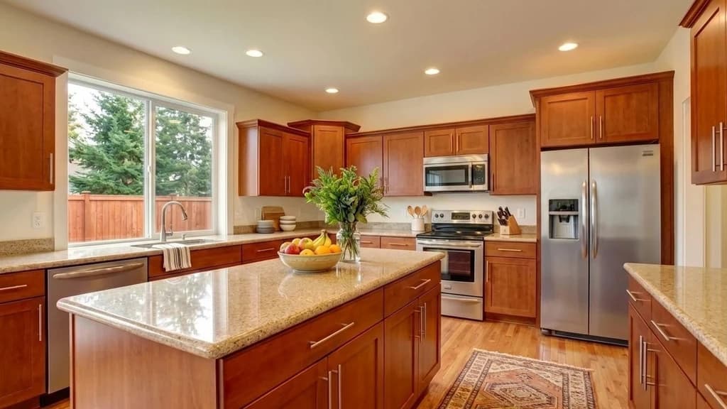 After - Before and after virtual staging of a kitchen enhanced with décor and styling while keeping cabinets and fixtures unchanged.