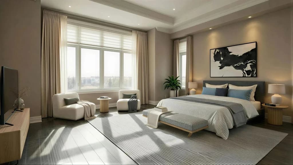 After - Before and after virtual staging of a master bedroom furnished in Japandi style to highlight comfort, layout, and private retreat appeal.