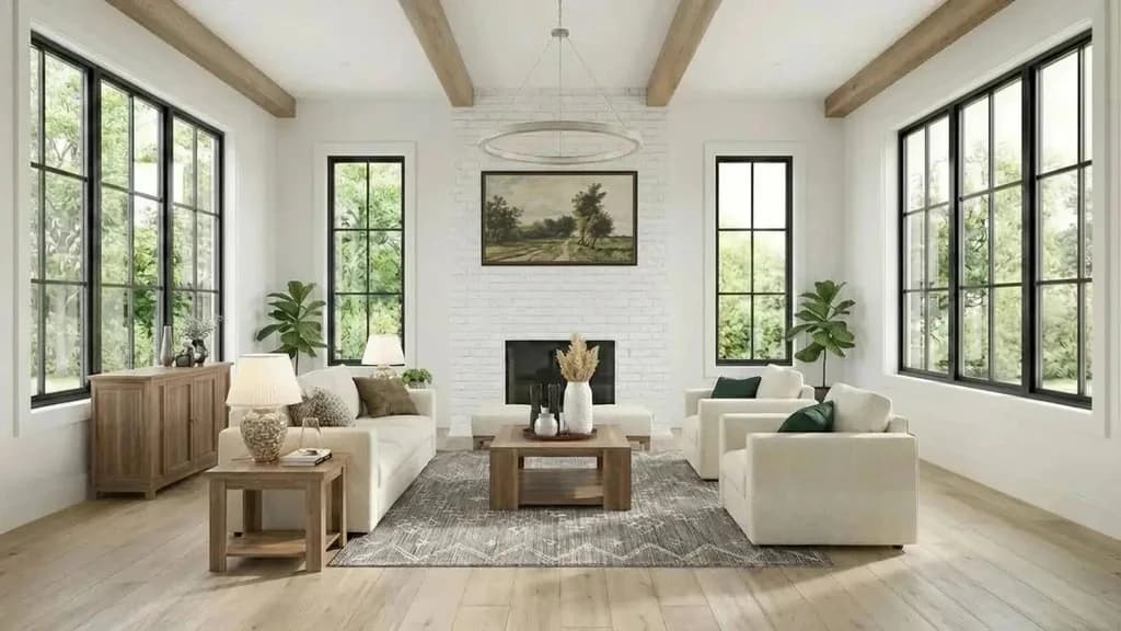 After - Before and after virtual staging of a large open-concept living space, arranged to define layout, flow, and functional zones for a real estate listing.