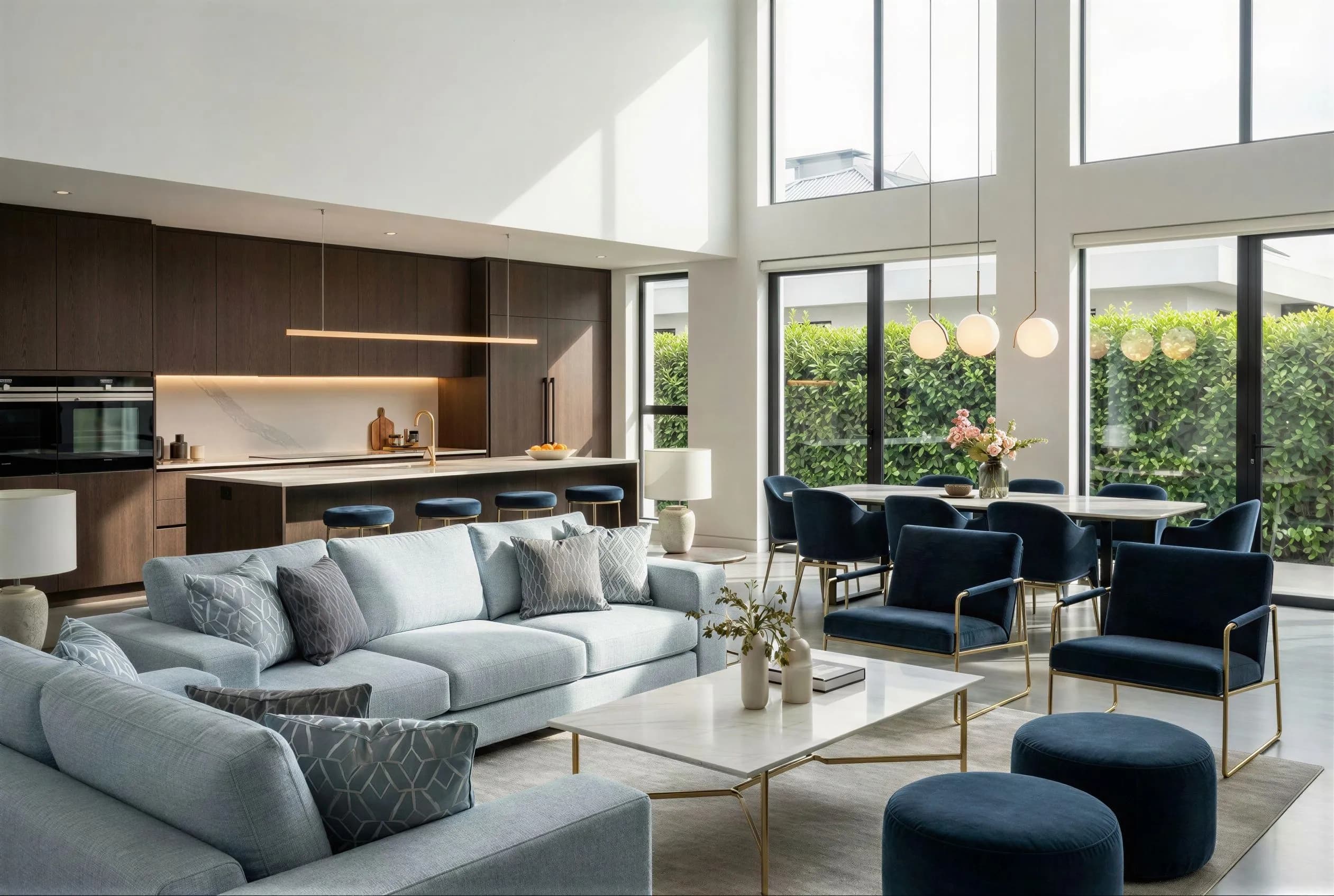 After virtual staging of an open-concept living, dining, and kitchen area with balcony view in a modern real estate listing