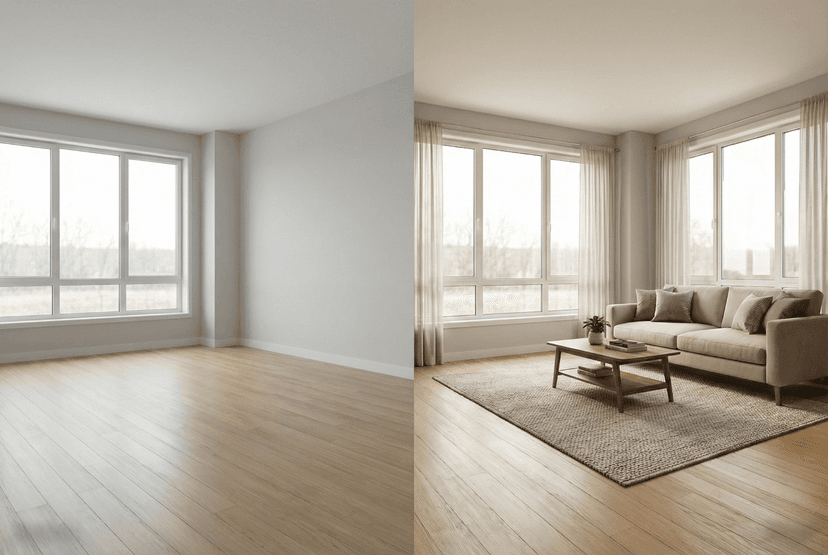 Before-and-after virtual staging comparison showing compliance-fixed, color-corrected listing photos ready for MLS approval and download.