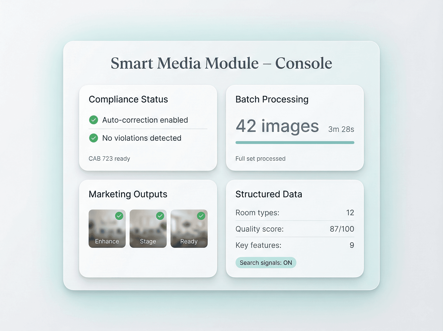 Smart Media Module console showing AI-driven MLS compliance checks, batch image processing, structured data capture, and marketing-ready outputs.