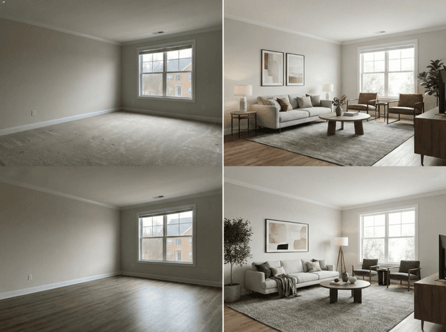 Before-and-after real estate listing photos showing flooring correction and virtual staging transforming empty rooms into market-ready spaces.