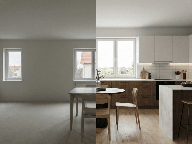 Before-and-after kitchen transformation showing empty space enhanced with modern cabinetry, staging, and listing-ready marketing presentation.