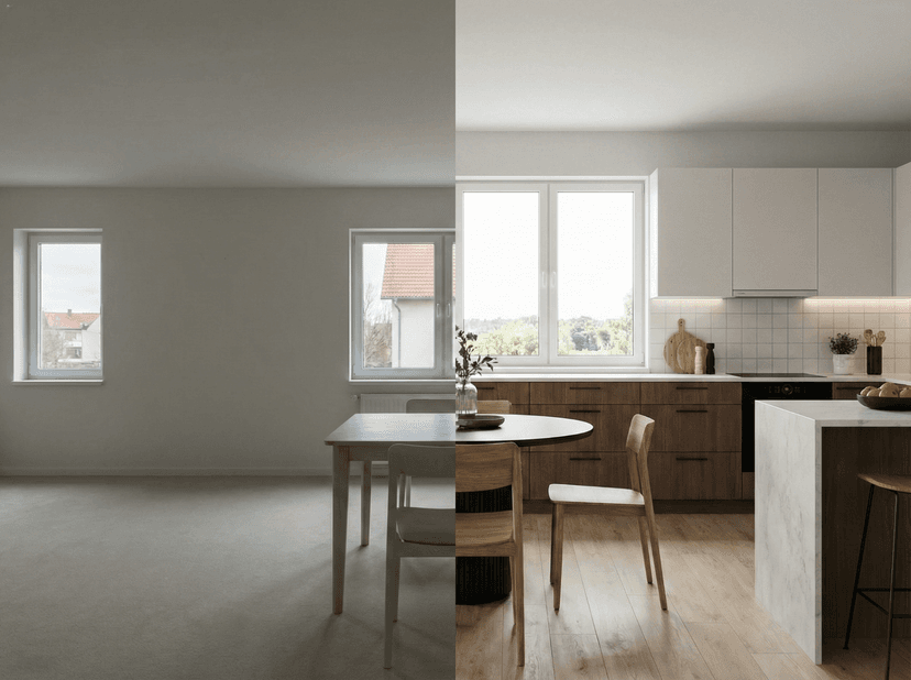 Before-and-after kitchen transformation showing empty space enhanced with modern cabinetry, staging, and listing-ready marketing presentation.