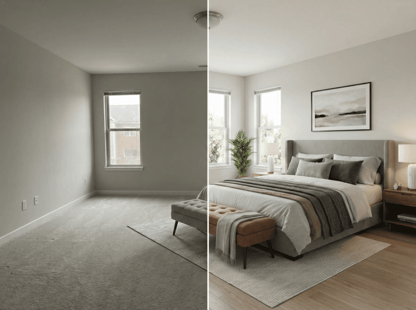 Before-and-after bedroom staging showing an empty room transformed with modern furniture, layered bedding, and listing-ready presentation.