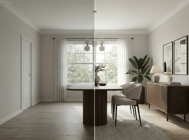 Before-and-after dining room staging showing an empty space transformed with modern furniture, decor, and listing-ready presentation.