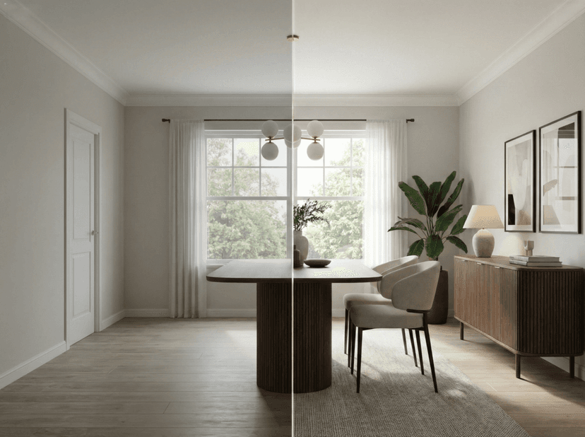 Before-and-after dining room staging showing an empty space transformed with modern furniture, decor, and listing-ready presentation.