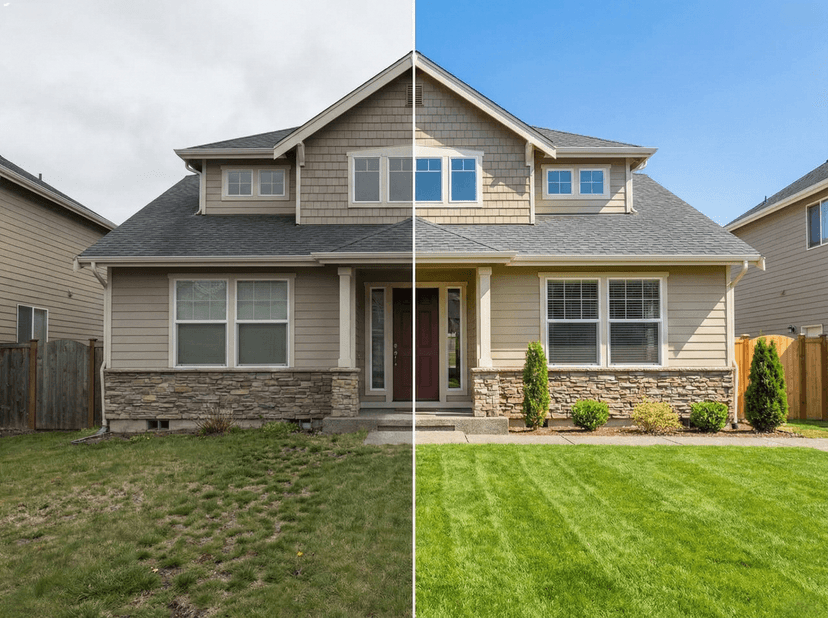 Before-and-after exterior photo enhancement showing sky replacement, lawn correction, and brighter listing-ready curb appeal.