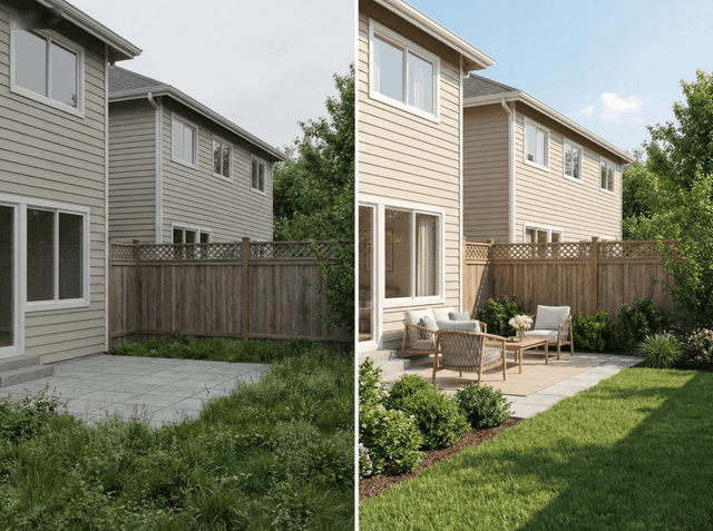Before-and-after backyard enhancement showing landscaping cleanup, patio staging, and brighter listing-ready outdoor presentation.