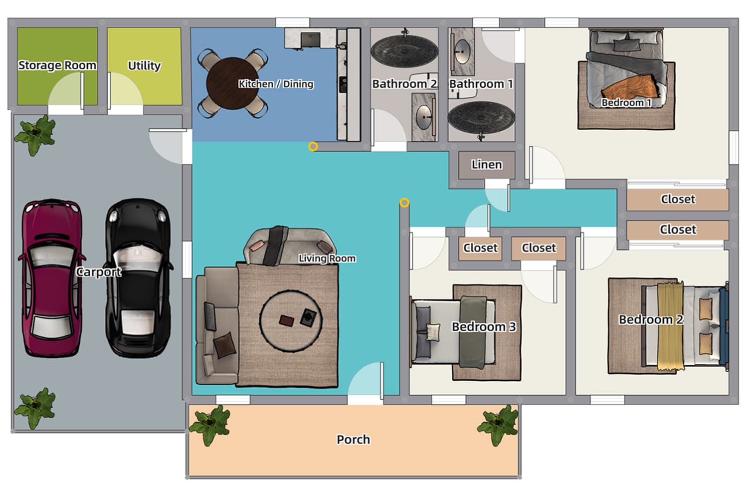 Professional 2D color floor plan with furniture after redraw