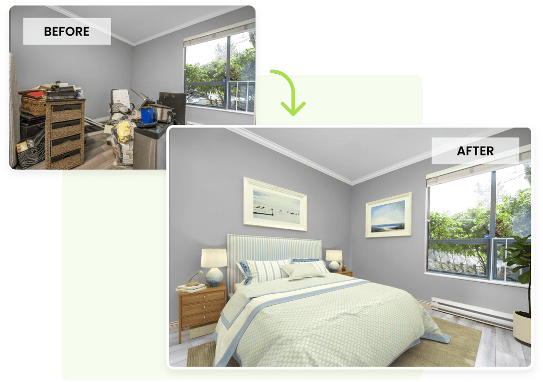 Styldod app interface showing virtual staging on a mobile phone